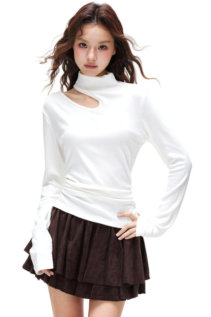 Thin Velvet Pleated Turtleneck Top