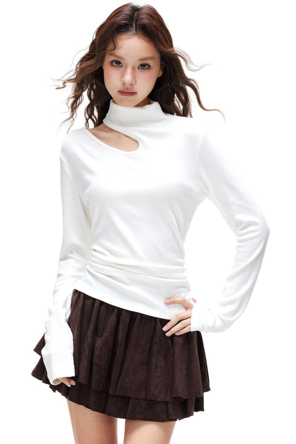 Thin Velvet Pleated Turtleneck Top