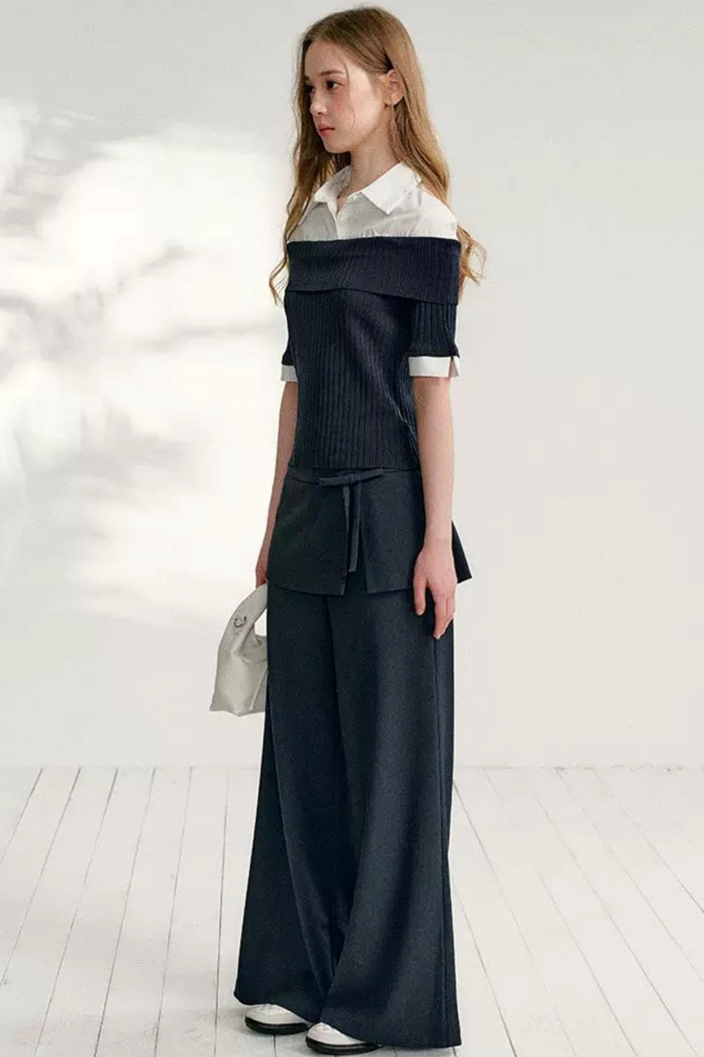 Color-Block Shirt Collar Knit Set-Up