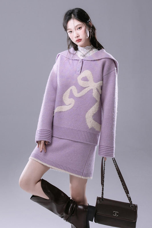 Grape Purple Bow Jacquard Sweater Set-UP