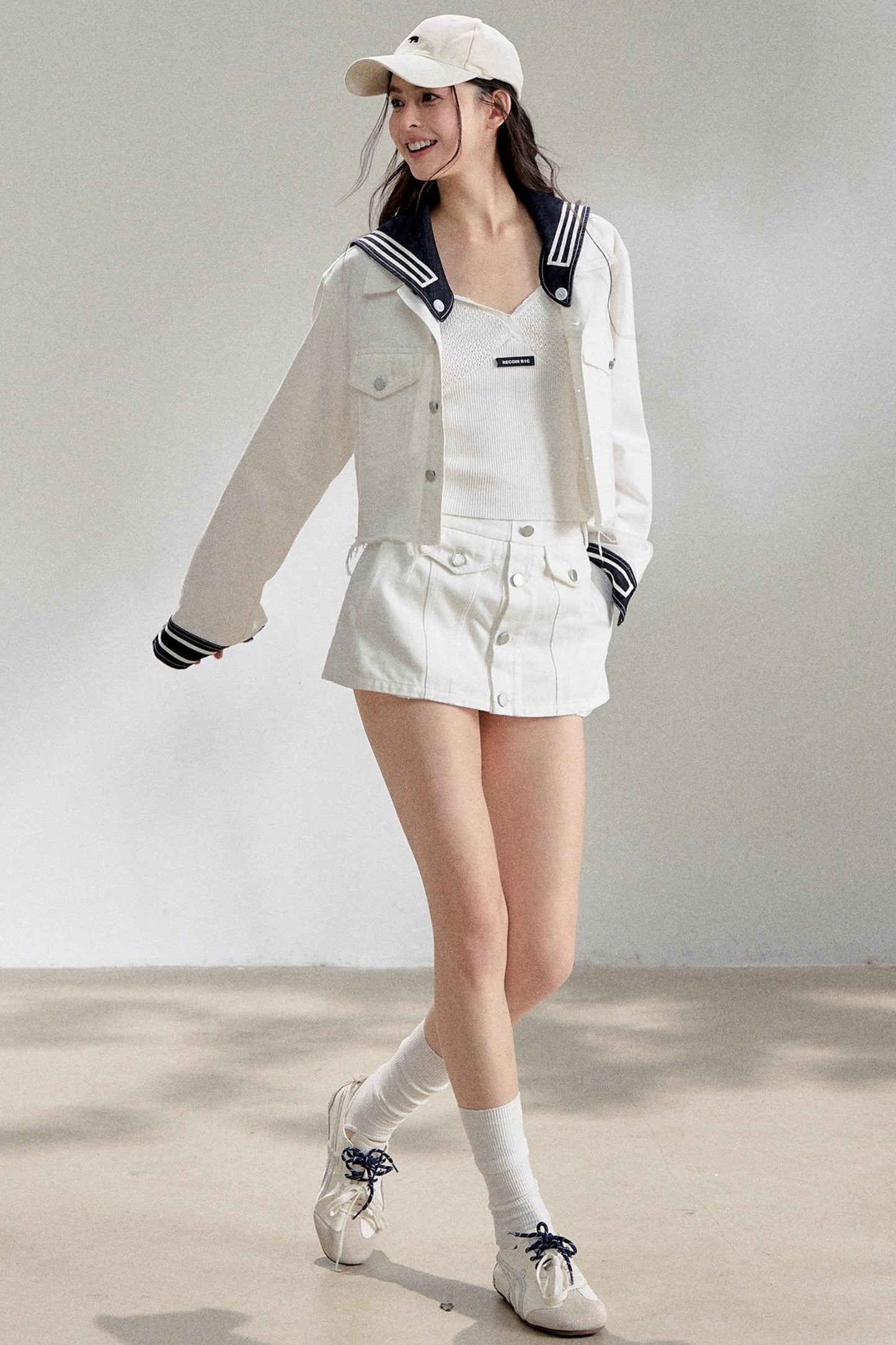 White Navy Short Denim Jacket Set-Up