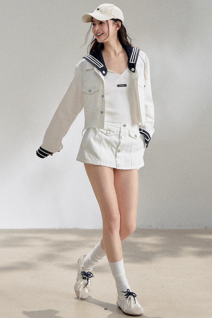 White Navy Short Denim Jacket Set-Up
