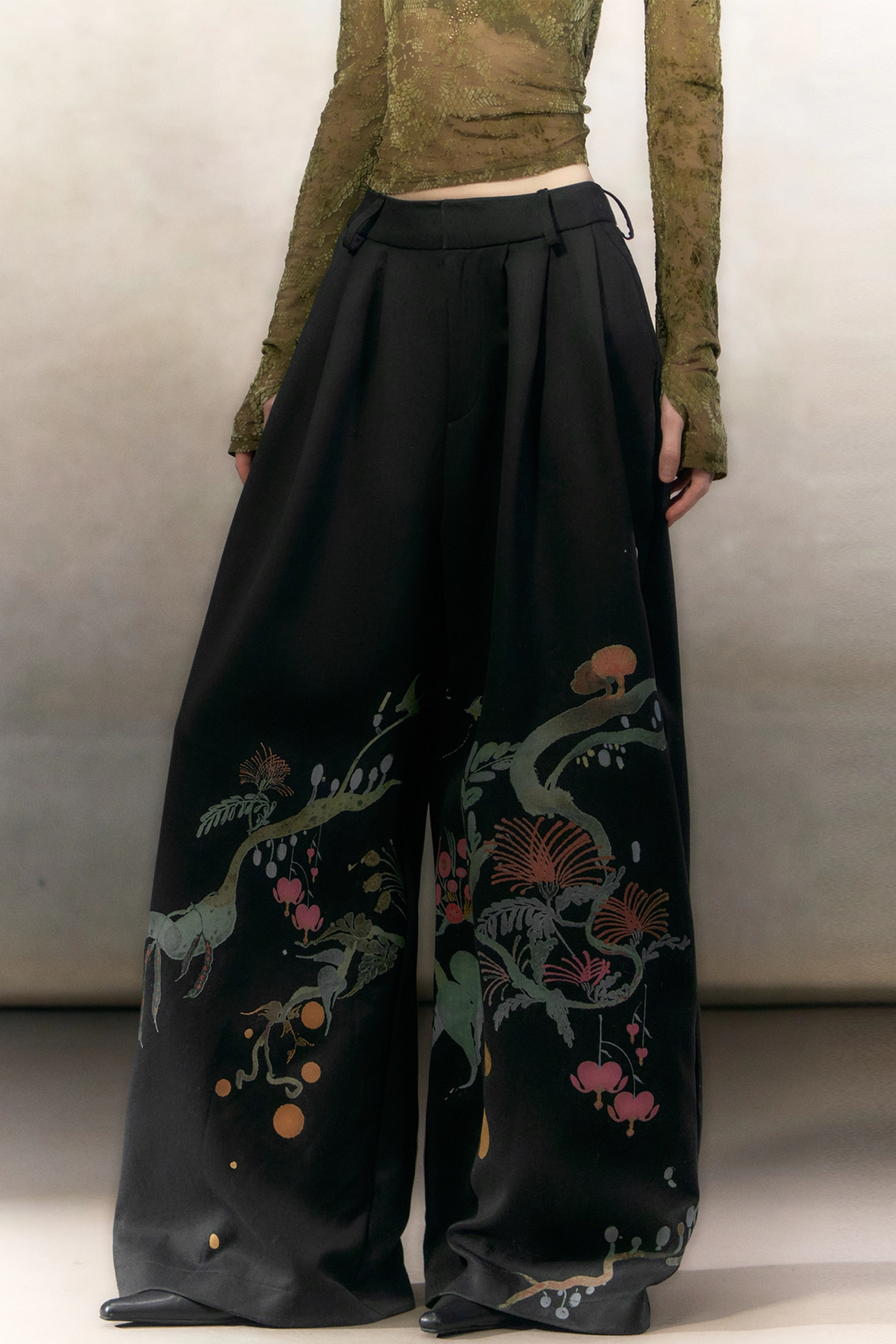 Hand-Painted Floral Wide-Leg Pants