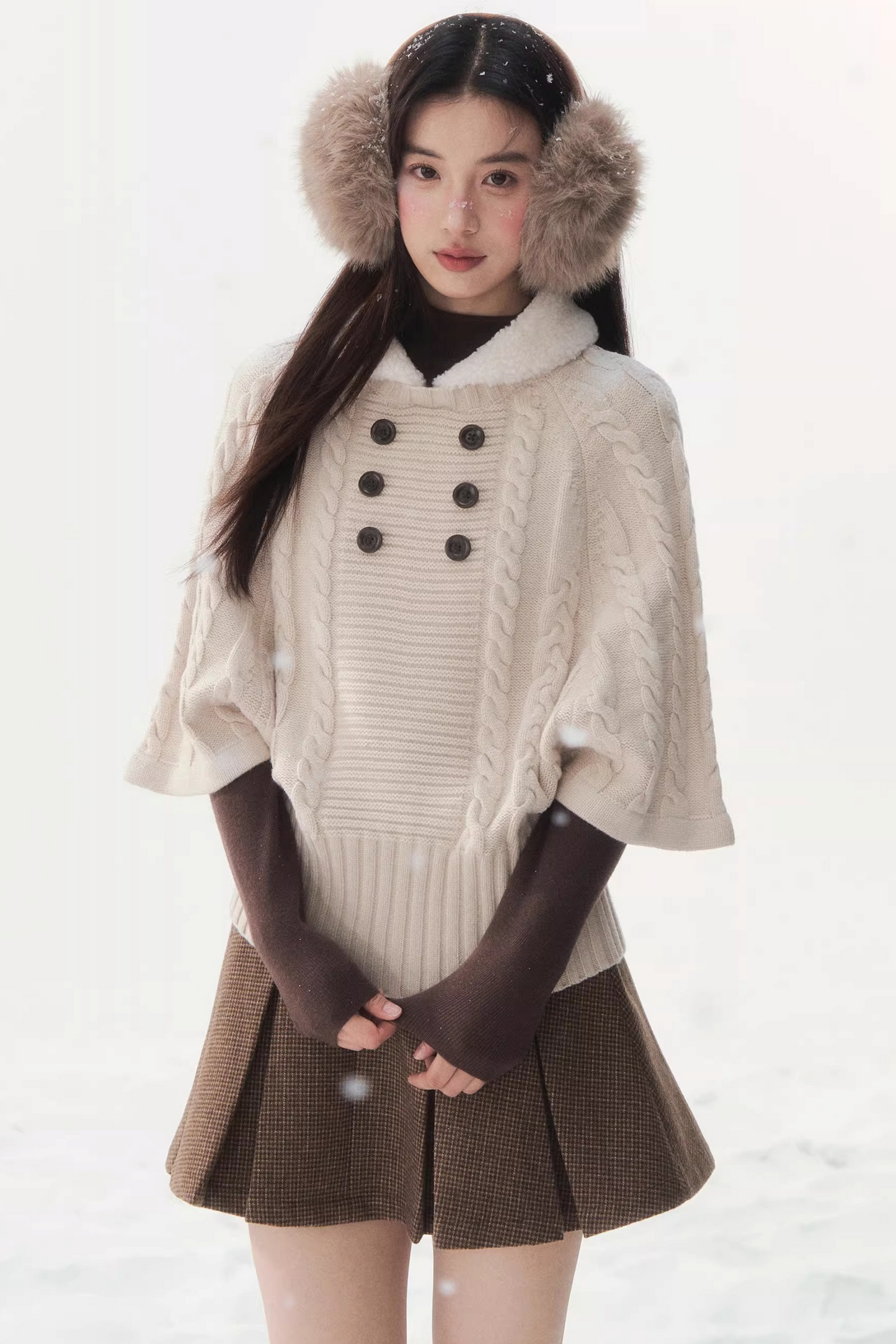 Coffee-Colored Fur Collar Cape Sweater