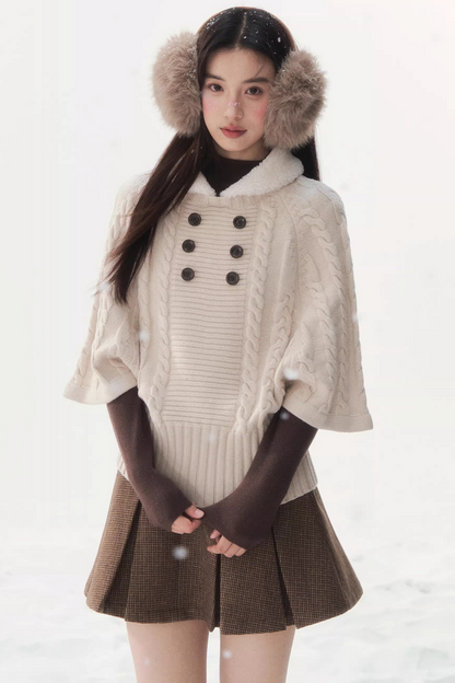 Coffee-Colored Fur Collar Cape Sweater