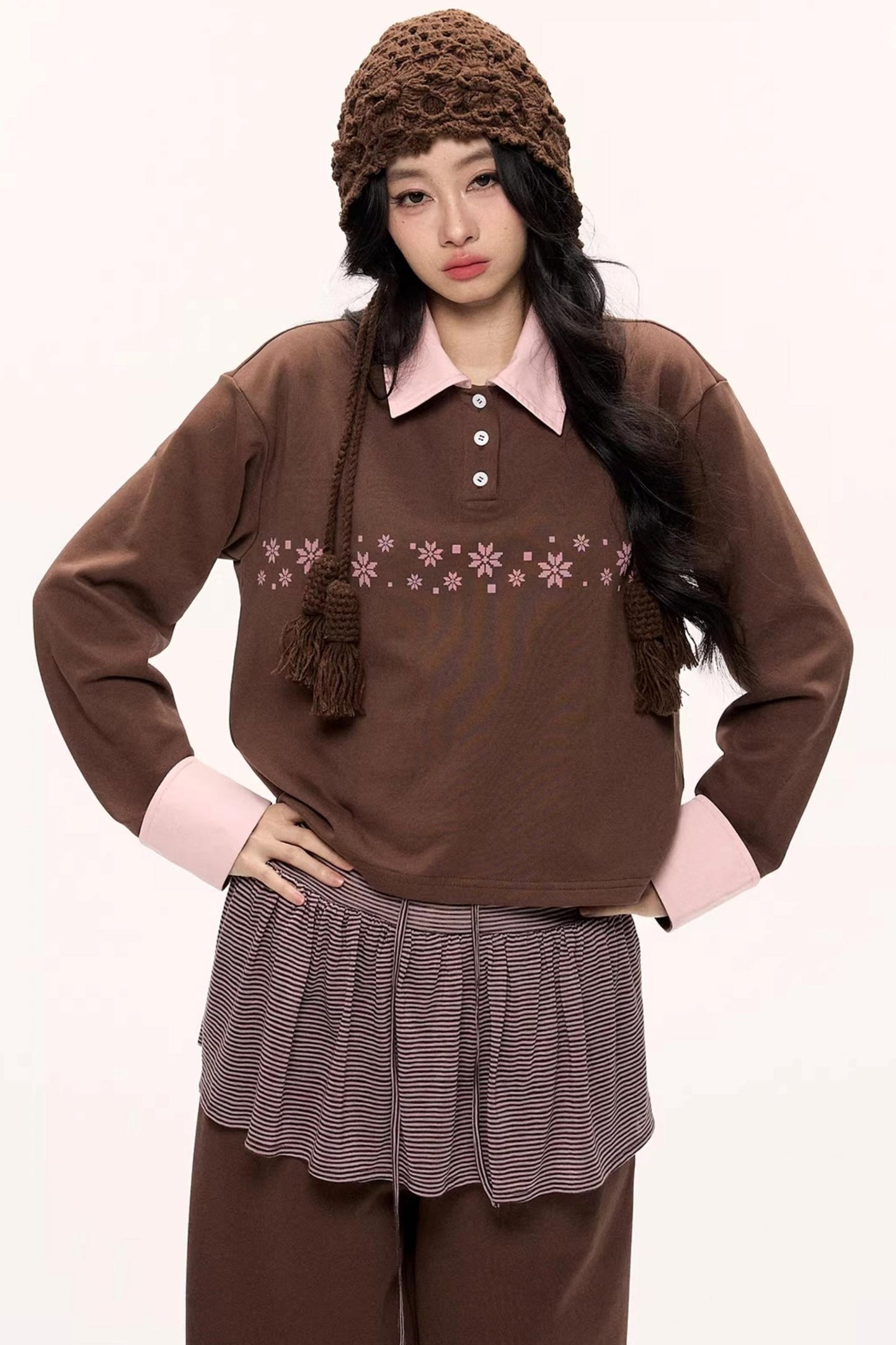 Peach Coffee Color Block Sweatshirt Set-Up