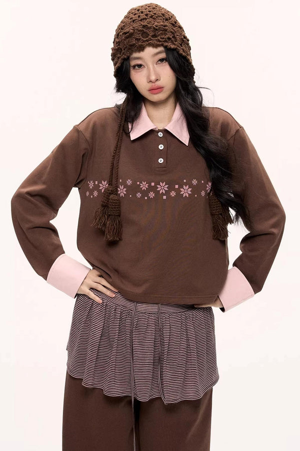 Peach Coffee Color Block Sweatshirt Set-Up