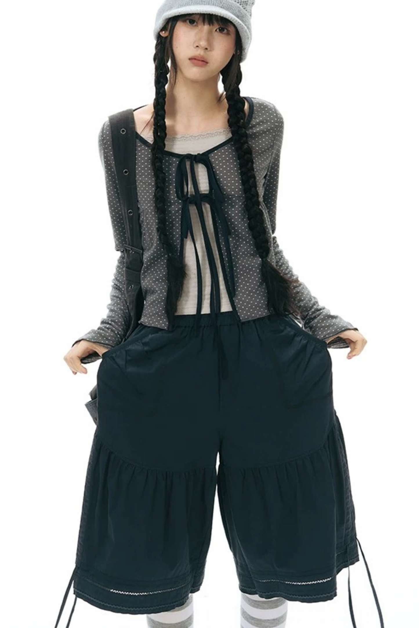 Lace-Up Ruffle Knit Cardigan