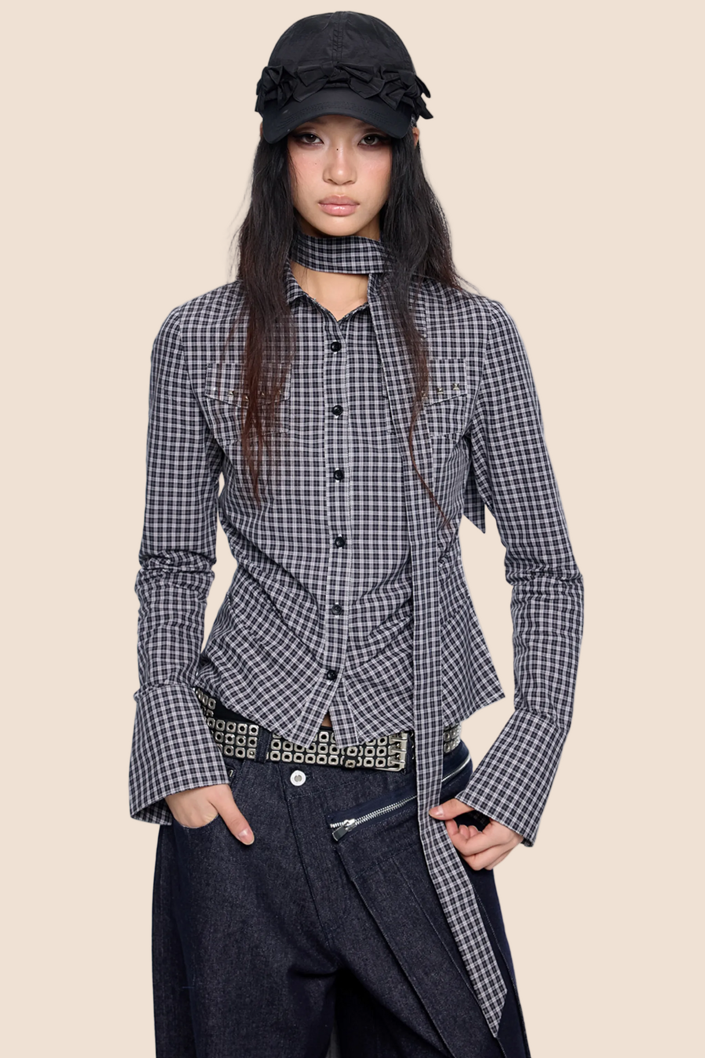 Plaid Lace-Up Bow Blouse
