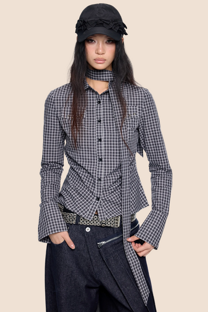 Plaid Lace-Up Bow Blouse