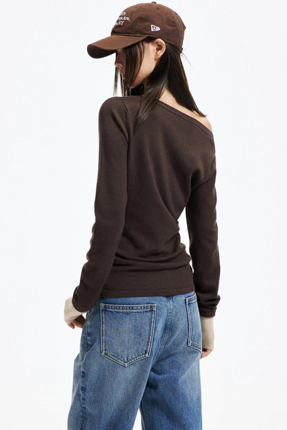 Color-Blocking Knit Off-Shoulder Sweater