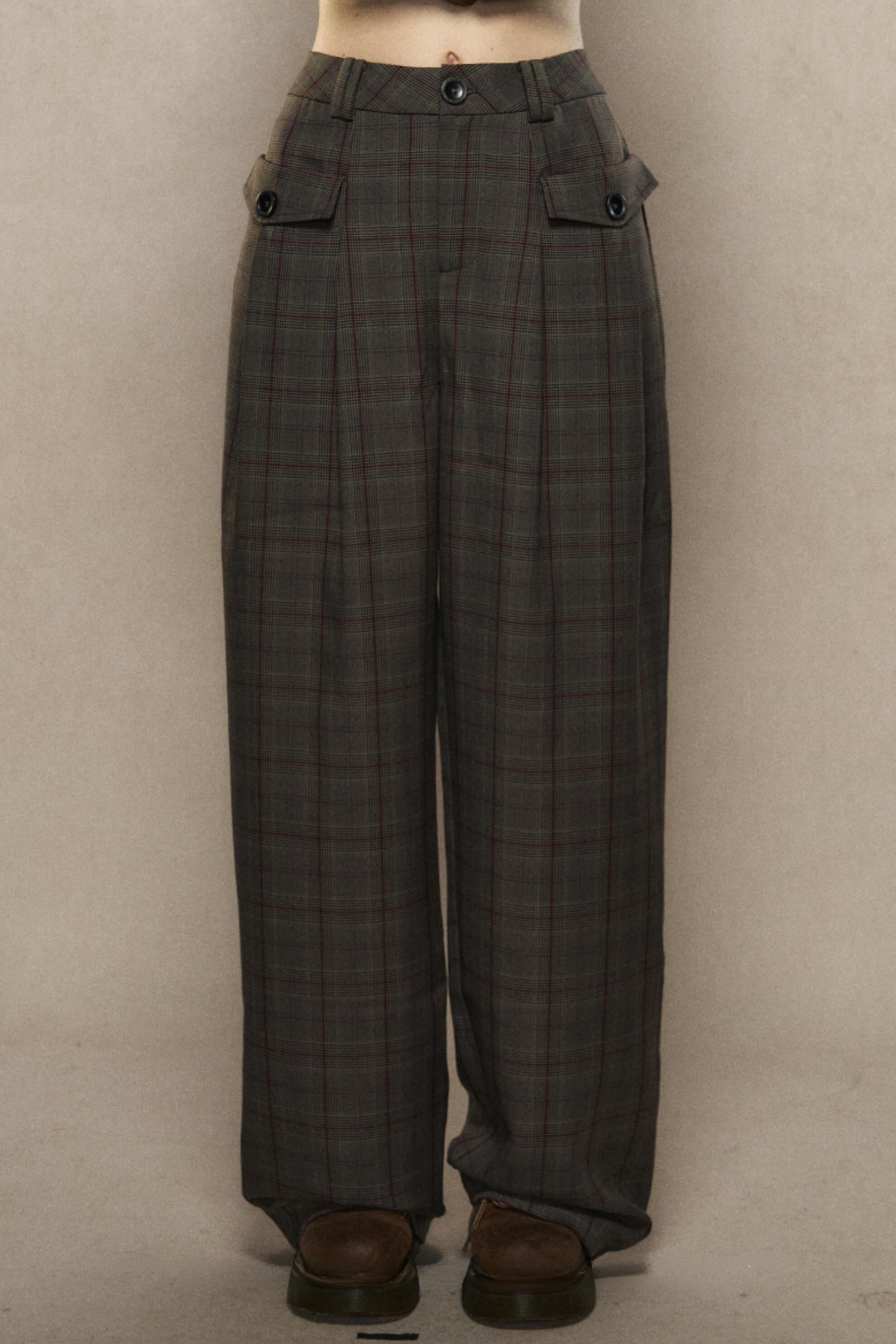 Maillard Plaid Straight Wide-Leg Pants