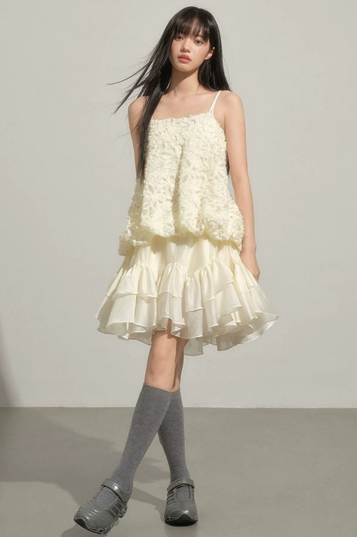 Layered Milk-White Floral Dress Set