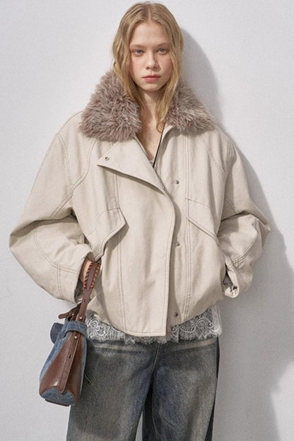 Curved Sleeve Fur Collar Jacket