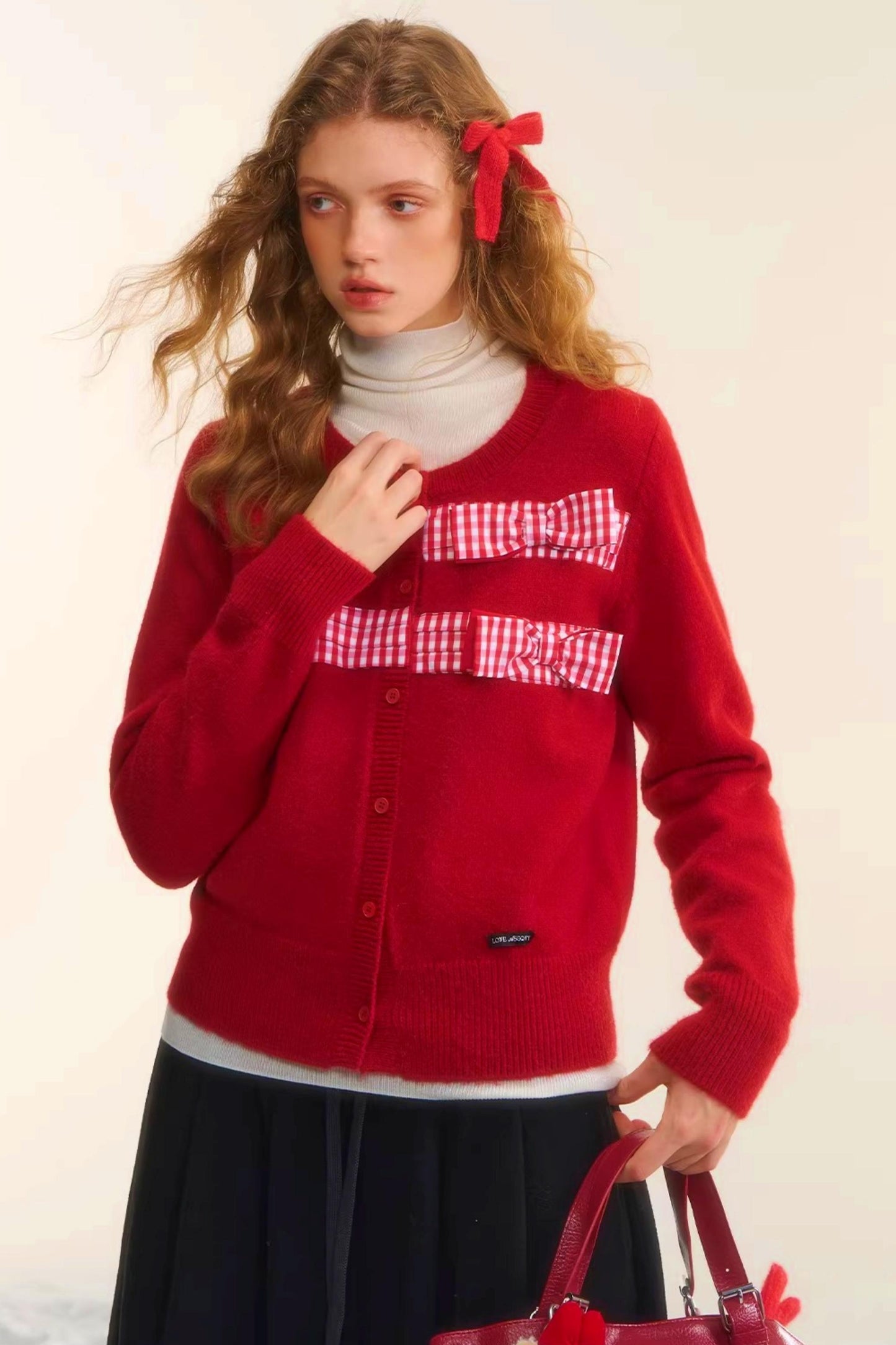 Plaid Patchwork Bow Cardigan