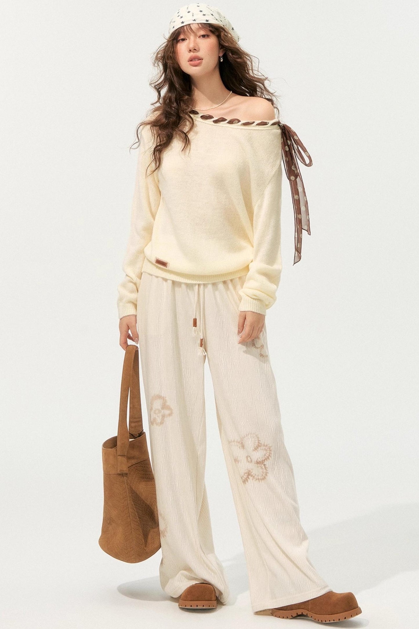 Floral Pleated Lace-Up Pants