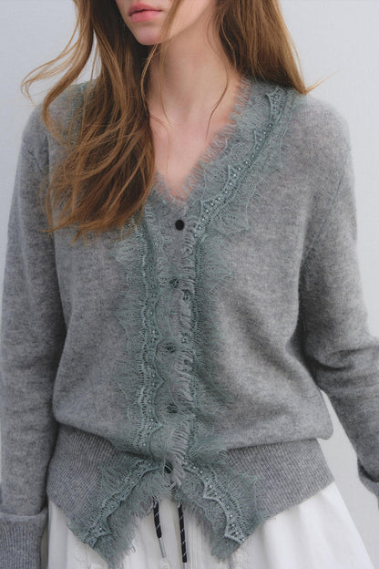 Wool Lace V-Neck Knit Top