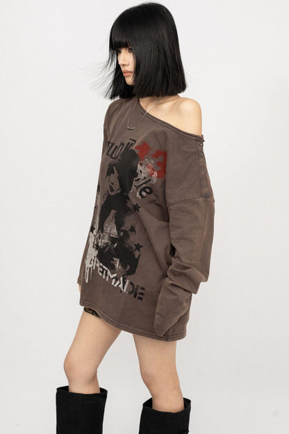 Vintage Off-the-Shoulder Long Sleeve T-Shirt