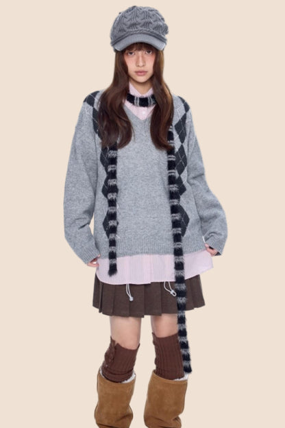 Ribbed V-Neck Knit Sweater