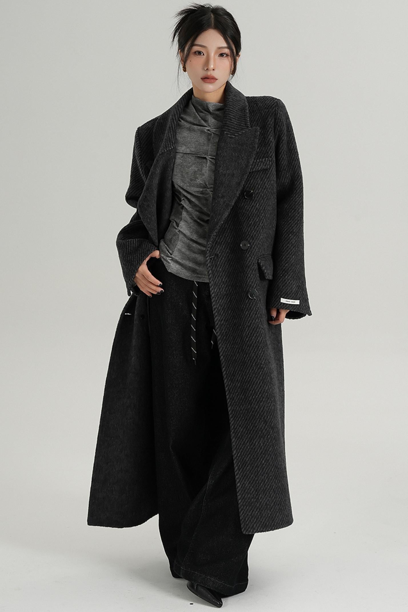 Long Double-Faced Tweed Wool Coat