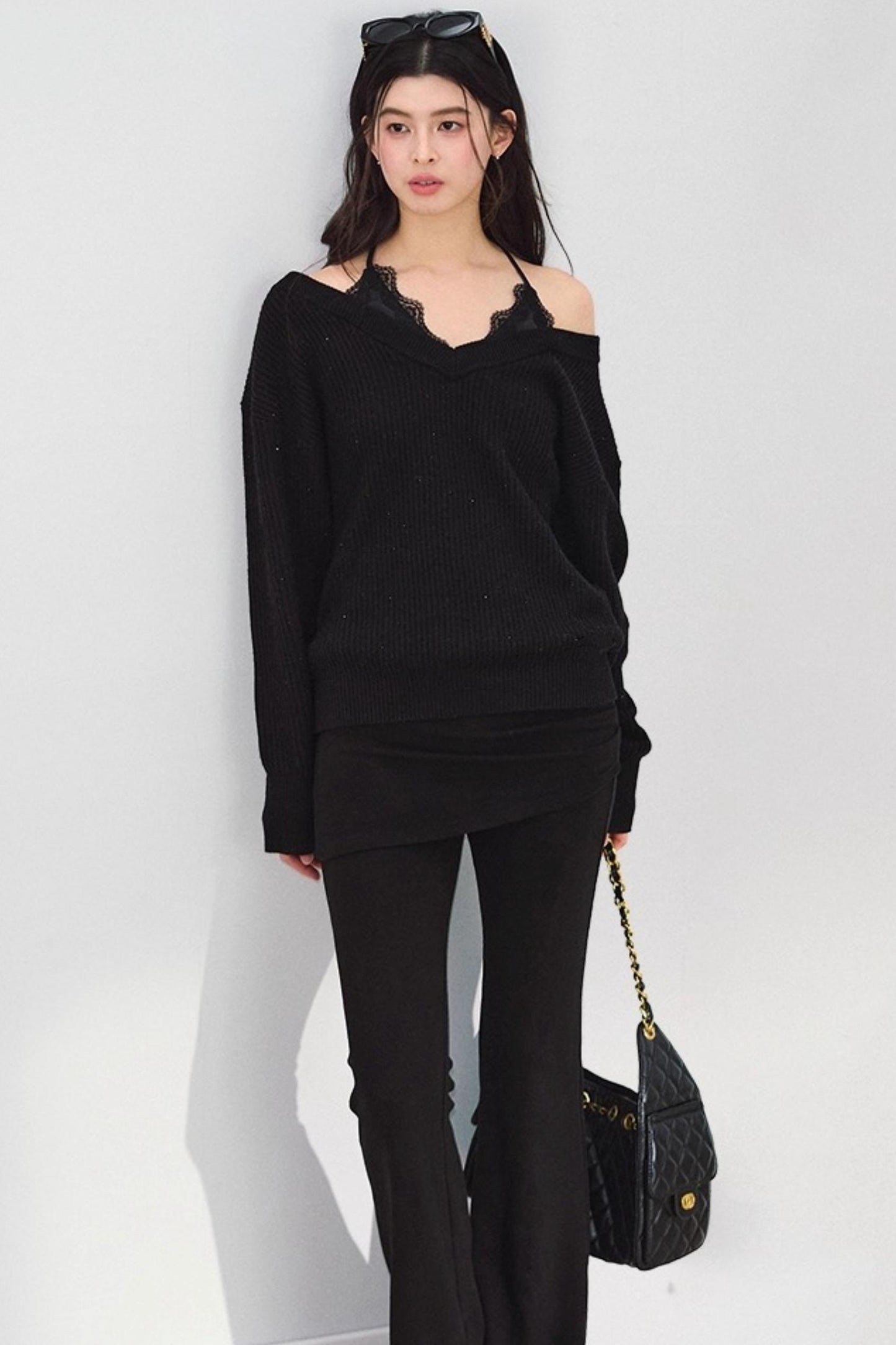 Off-Shoulder Black V-Neck Knit Sweater