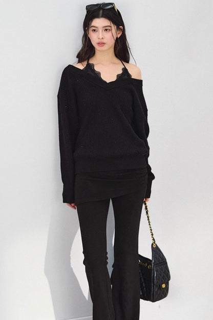 Off-Shoulder Black V-Neck Knit Sweater