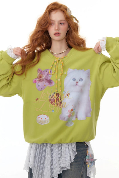 American Retro Cat Print Sweatshirt