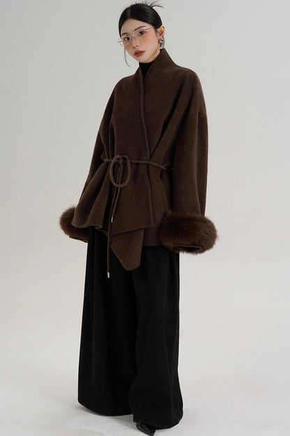 Elegant Fox Fur Sleeve Wool Coat