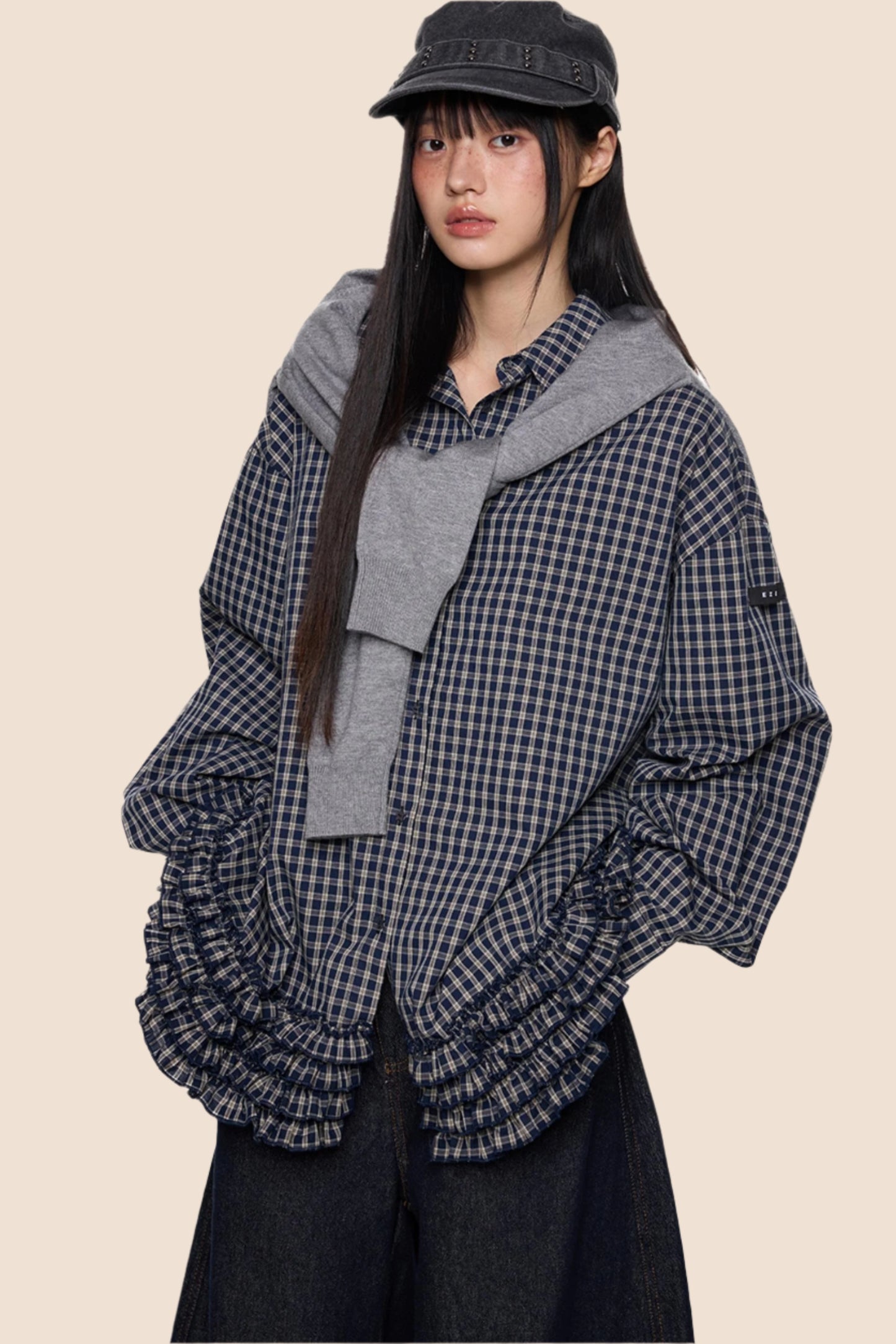 Plaid Pleated Long Sleeve Shirt