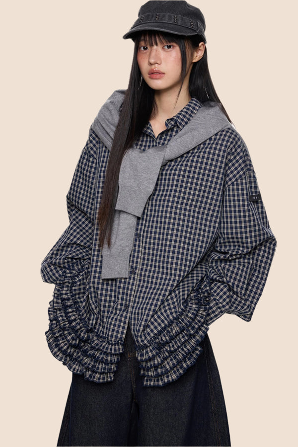 Plaid Pleated Long Sleeve Shirt