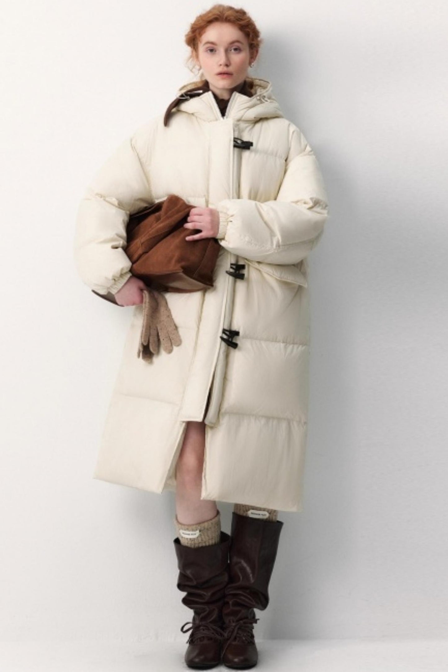Hooded Horn Button Long Down Jacket