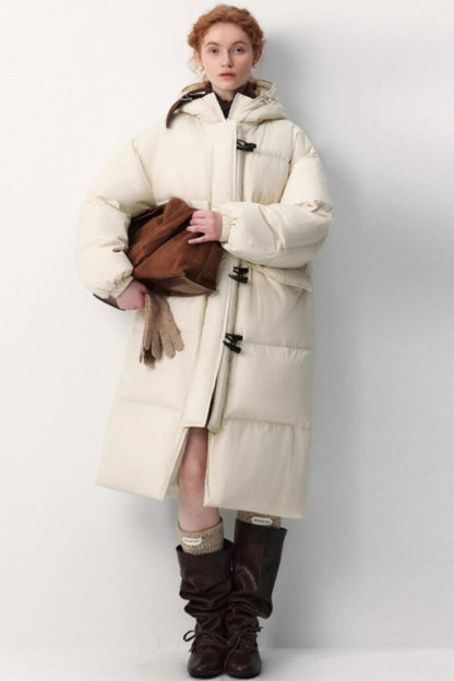 Hooded Horn Button Long Down Jacket