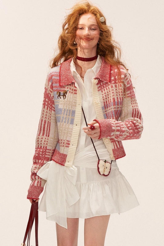 Plaid Red Knit Cardigan