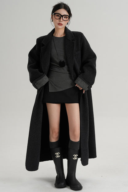 Turn-Sleeve Suit Collar Long Wool Coat