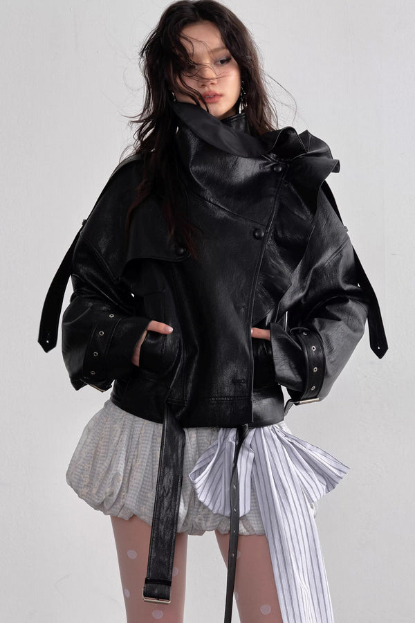 Three-Dimensional Ruffled Faux Leather Jacket