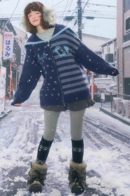 Retro Navy Collar Cardigan Jacket