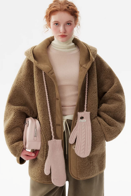Retro Camel Hooded Fur Coat
