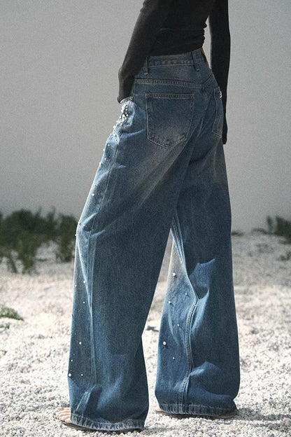 Pantalon en jean bleu clair perlé