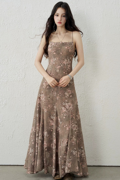 Chic Brown Floral Strap Dress