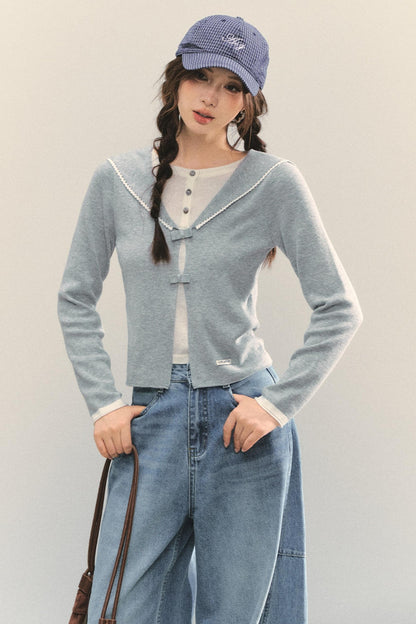 Sweet Navy Neck Knit Cardigan