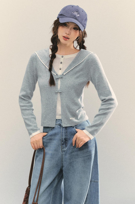 Sweet Navy Neck Knit Cardigan