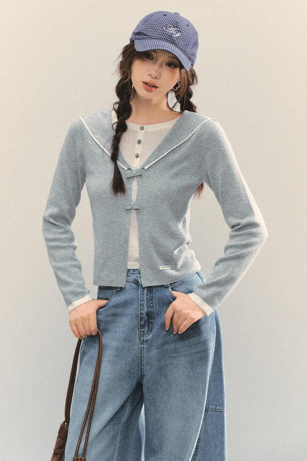 Sweet Navy Neck Knit Cardigan