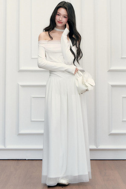 Off-Shoulder Lily Mesh Patchwork Long Dress