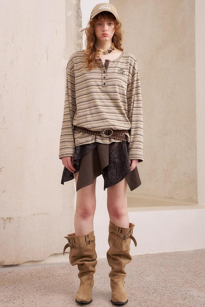 Striped Loose Crew Neck Embroidered T-Shirt