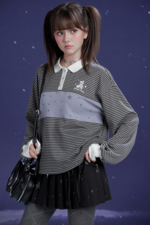 Gray and Purple Striped Polo Top