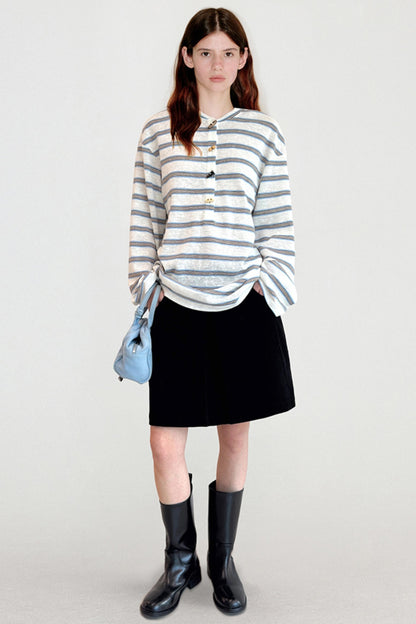 Horn Button Striped Long Sleeve T-Shirt