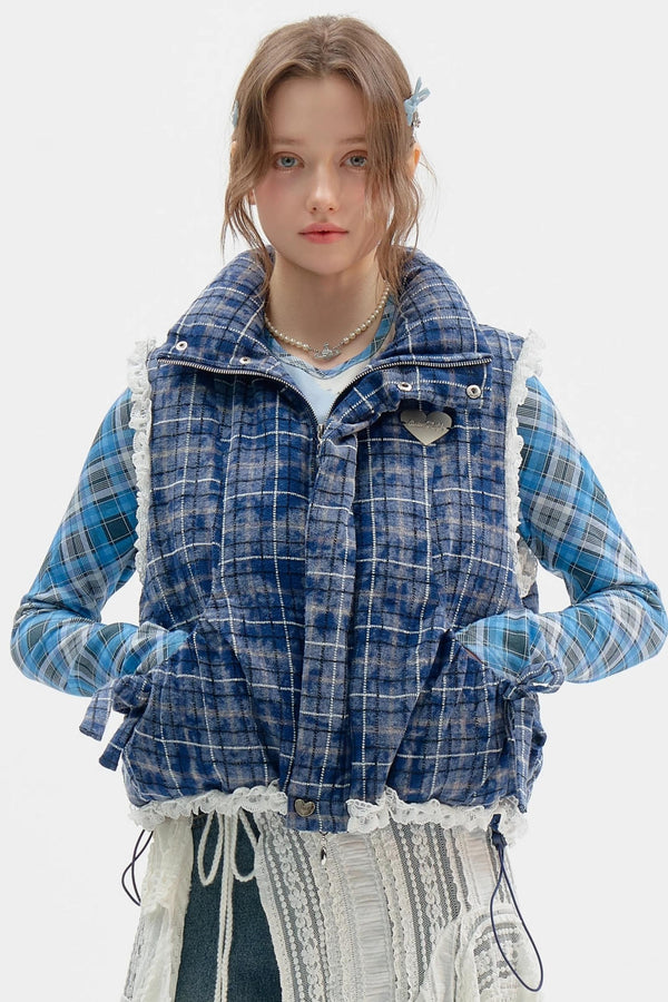 두꺼운 벨벳 블루 체크 면 재킷 