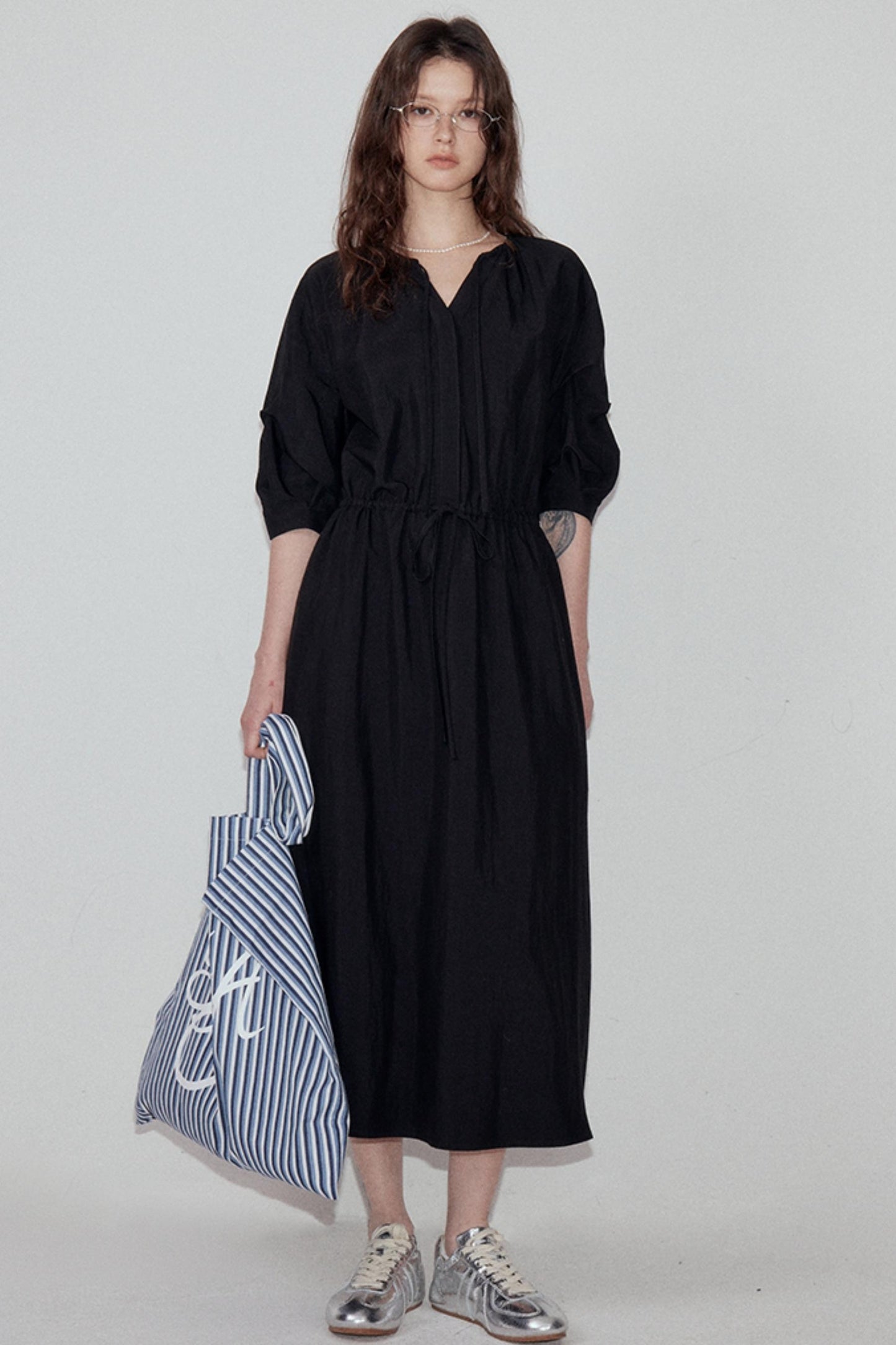 V-Neck Pleated Sleeve Dress