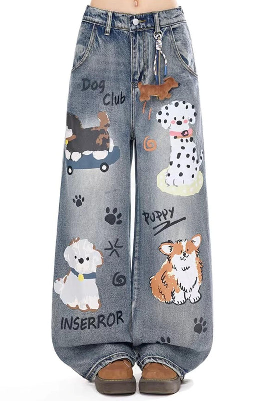 Retro Graffiti Dog Denim Pants