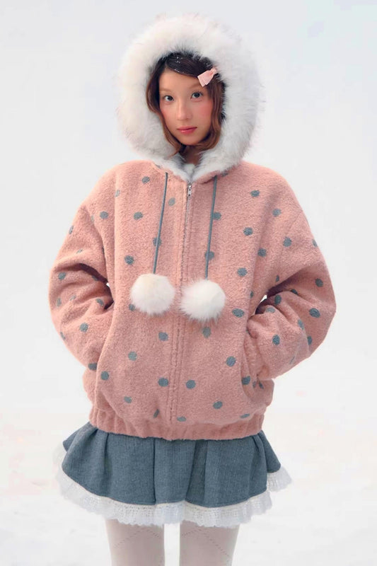Pink Gray Polka Dot Hooded Jacket